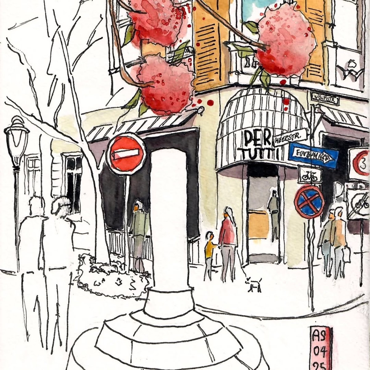 Aquarell-Zeichnung: Café Per Tutti unter Kirschblüten an der Heerstraße